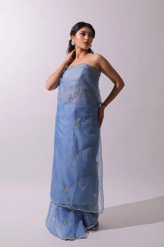 Blue Bead - Organza Ice Blue Saree
