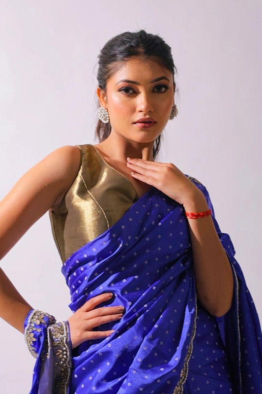Night Sky - Gajji Silk Blue Bandhej Saree