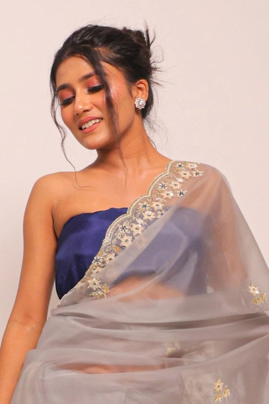 Vanity Top - Pure Glass Silk Grey Saree