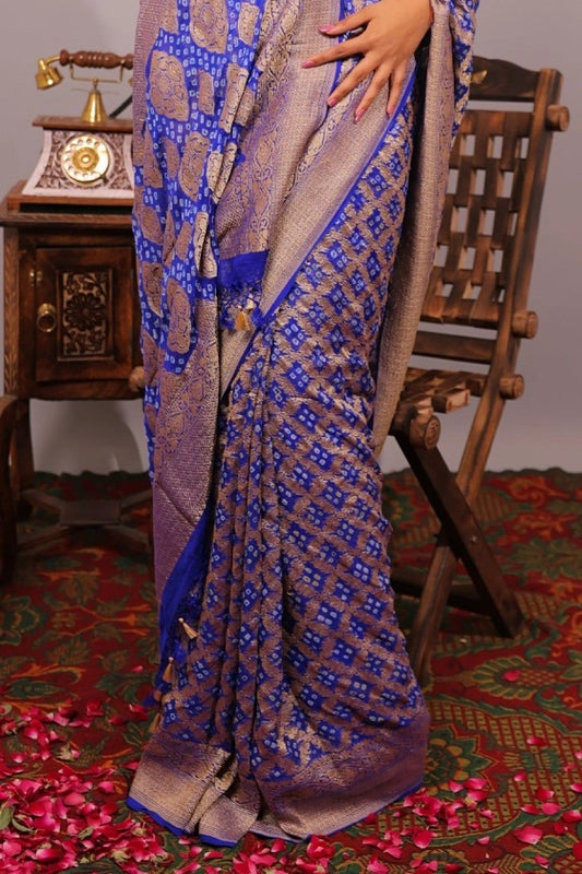 Fly Away - Banarasi Pure Georgette Blue Bandhani Saree