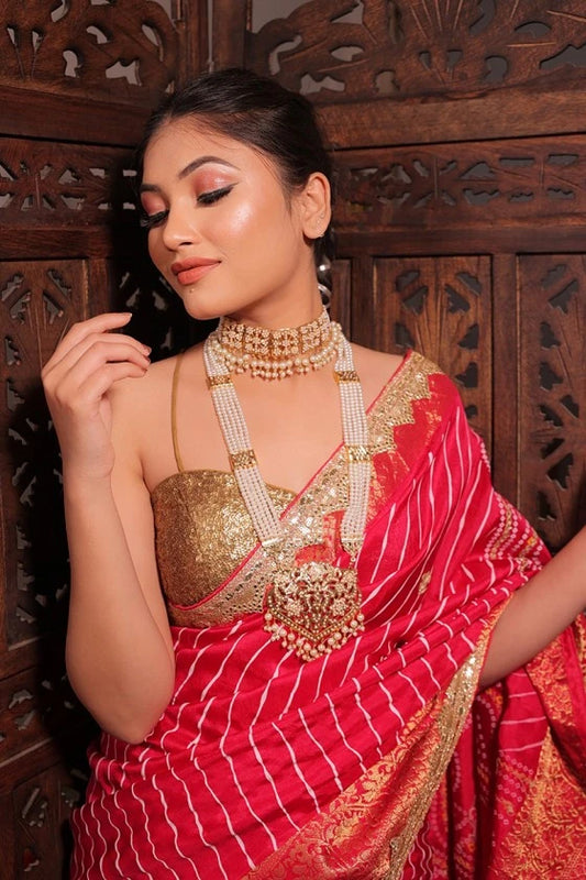 Lipstain - Dola Silk Pink Laheriya Bandhej Saree